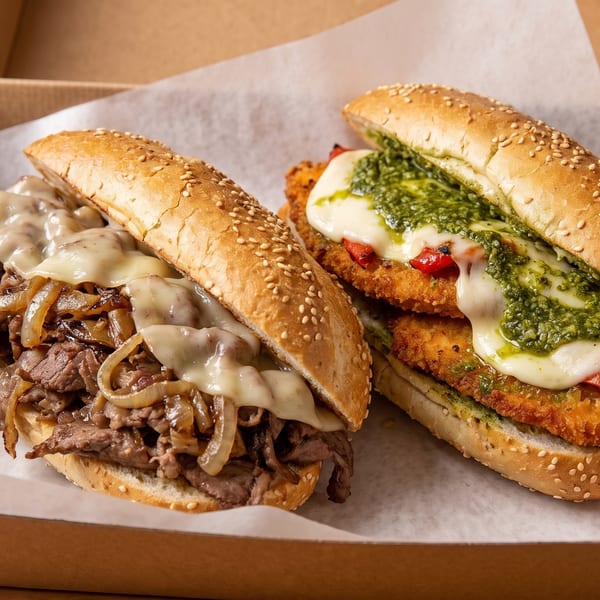 Two delicious sandwiches, one with steak and cheese, the other with chicken, pesto, and roasted peppers.