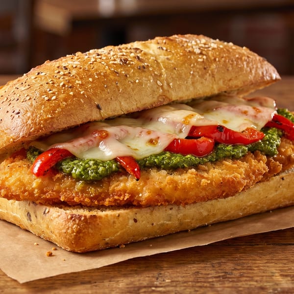 Crispy chicken sandwich with melted cheese, red peppers, and pesto on a seeded baguette.