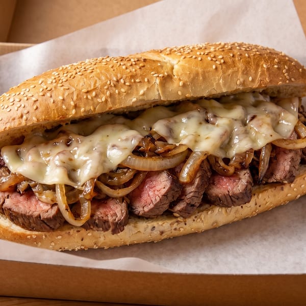 A steak and cheese sandwich with caramelized onions on a sesame seed bun in a takeout box.
