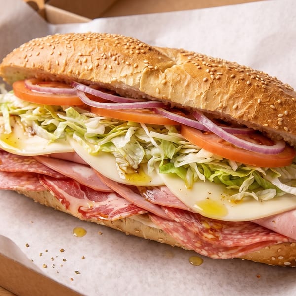 A large deli sub sandwich with various meats, cheese, lettuce, tomatoes, and onions in a box.
